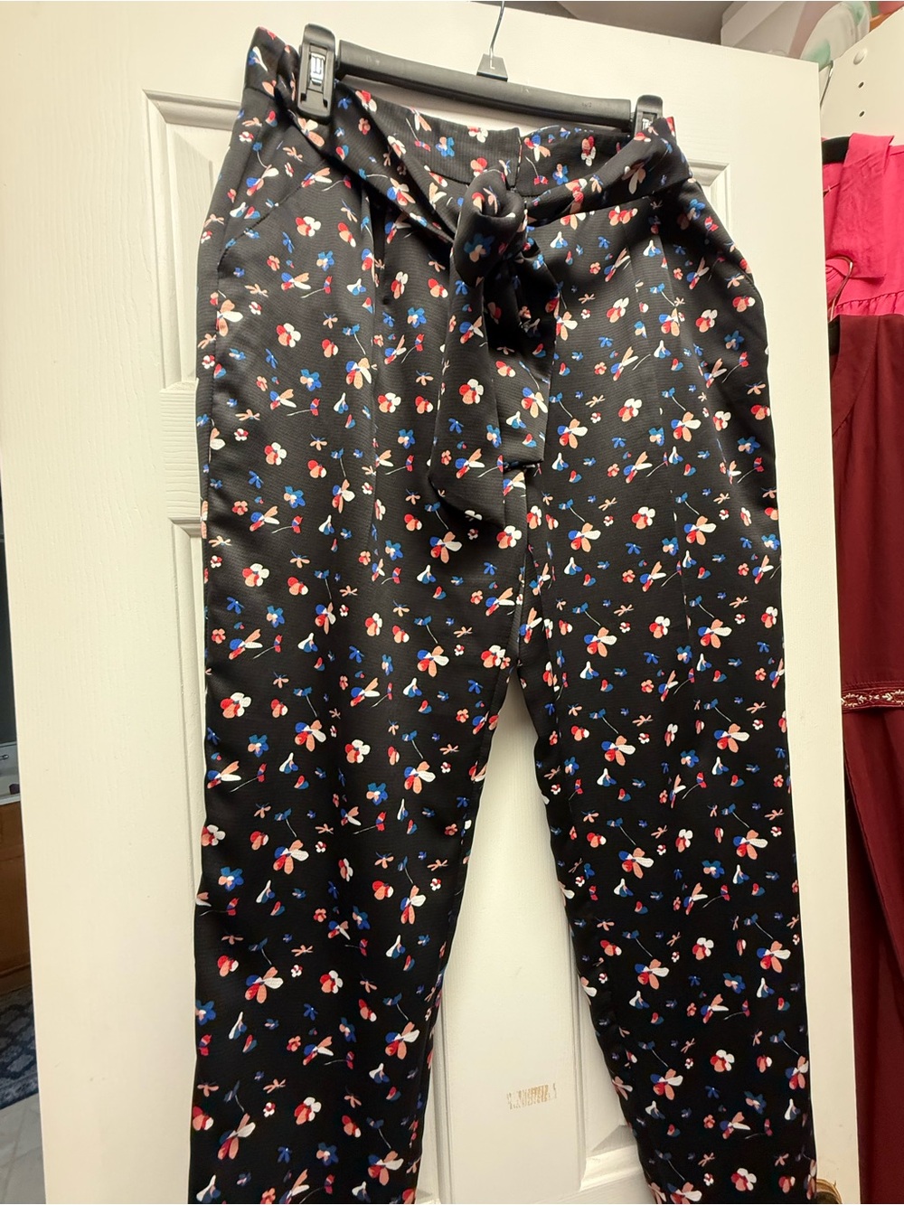 Tie-Waist Black Floral Print Trousers